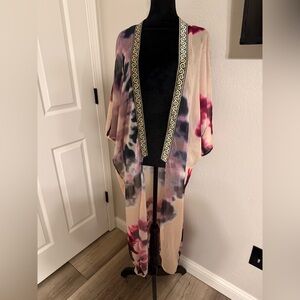 Women's Floral Tie-Dye Kimono Cover-Up in Beige and Pink